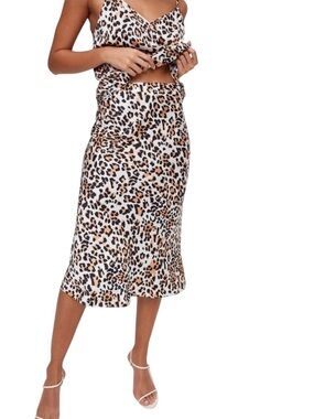 Aritzia Babaton Slip Satin Midi Skirt Leopard Print White Black & Tan Satin Sz 2